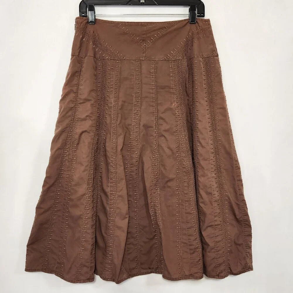 J. Jill Women’s Size 10P Dark Brown A-line Embroidered Lined Cotton MIDI Skirt